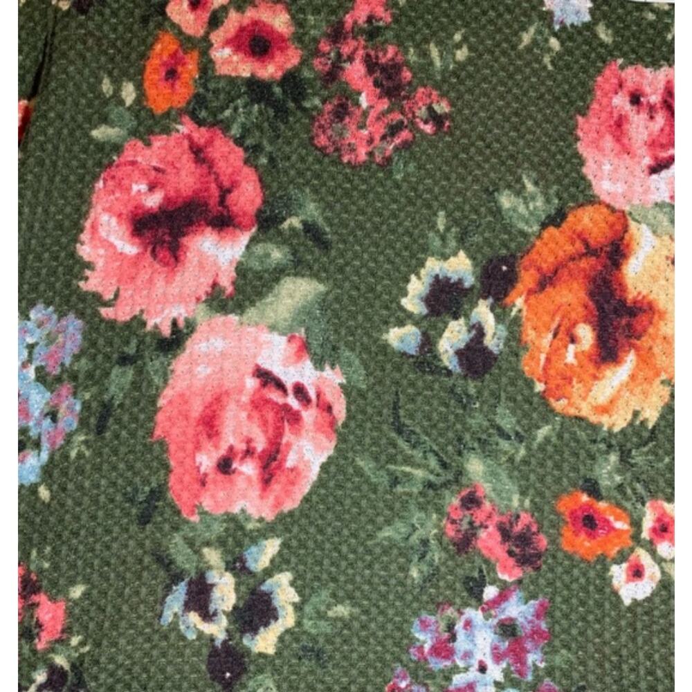 Green Pink Floral Print Waffle Knit Long Sleeve V-Neck Top Women’s Size Large - Picture 9 of 10